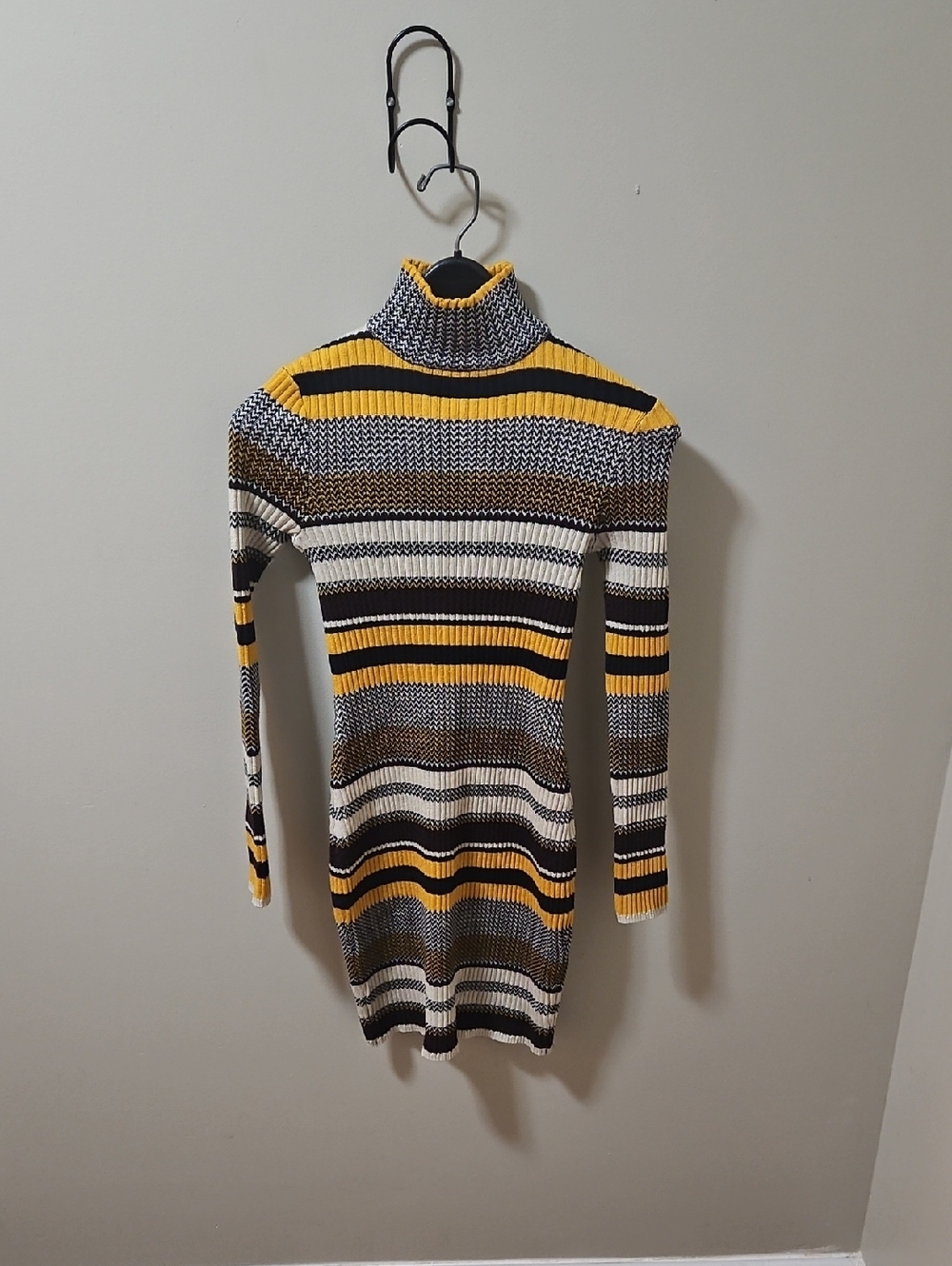 Striped Turtleneck Bodycon Sweater Dress - Yellow, Black & Cream